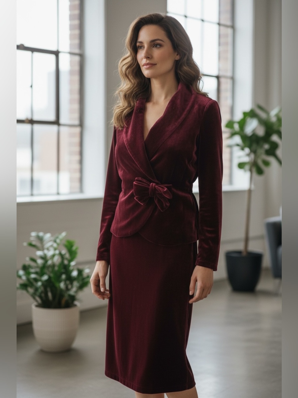 40s 50s 2PC CHICK FROST BURGUNDY VELVET WRAP BOW JACKET & PENCIL SKIRT SUIT SET